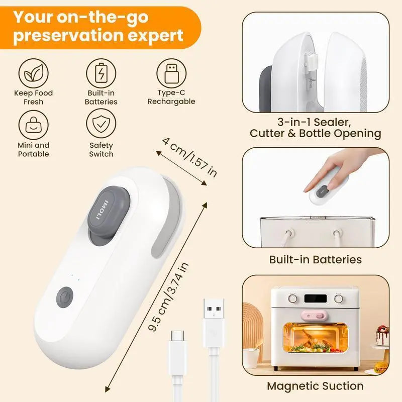 4-In-1 Mini Heat Sealer, USB Rechargeable Kitchen Supplies with Built-In Cutter, Magnetic Design, Portable Snack Bag Sealer & Beer Bottle Opener for Home Food Storage