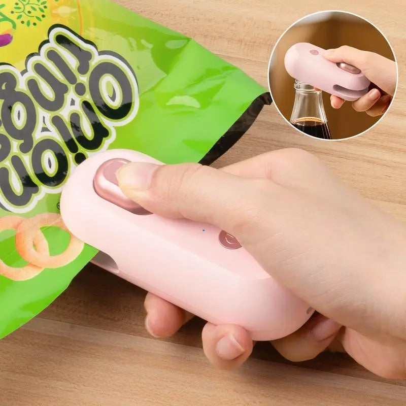 4-In-1 Mini Heat Sealer, USB Rechargeable Kitchen Supplies with Built-In Cutter, Magnetic Design, Portable Snack Bag Sealer & Beer Bottle Opener for Home Food Storage