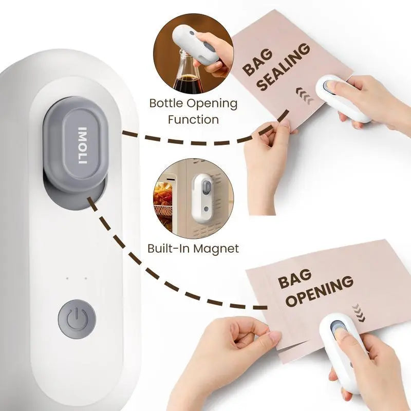 4-In-1 Mini Heat Sealer, USB Rechargeable Kitchen Supplies with Built-In Cutter, Magnetic Design, Portable Snack Bag Sealer & Beer Bottle Opener for Home Food Storage