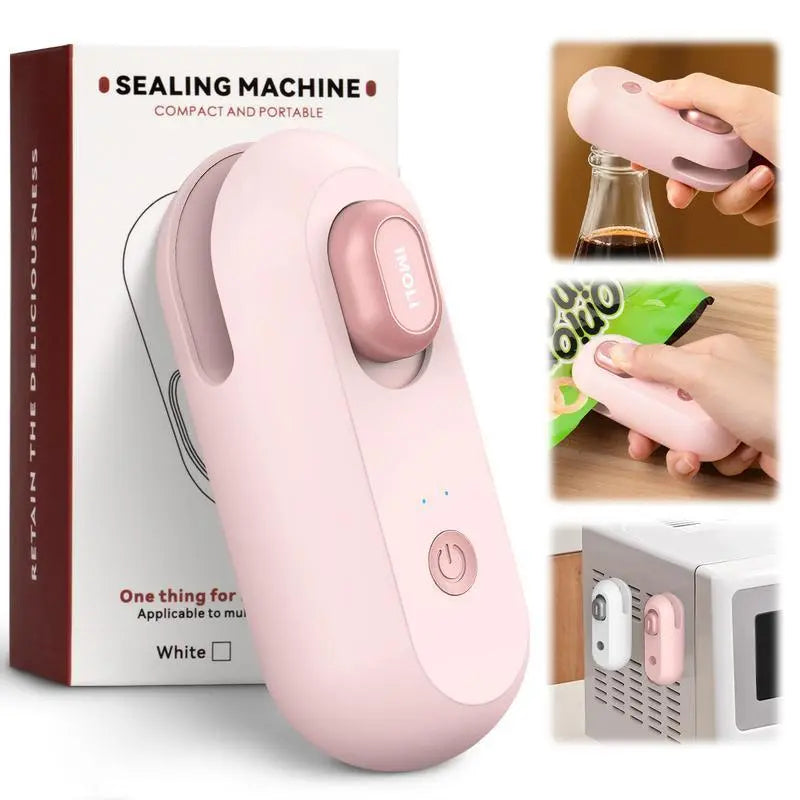 4-In-1 Mini Heat Sealer, USB Rechargeable Kitchen Supplies with Built-In Cutter, Magnetic Design, Portable Snack Bag Sealer & Beer Bottle Opener for Home Food Storage