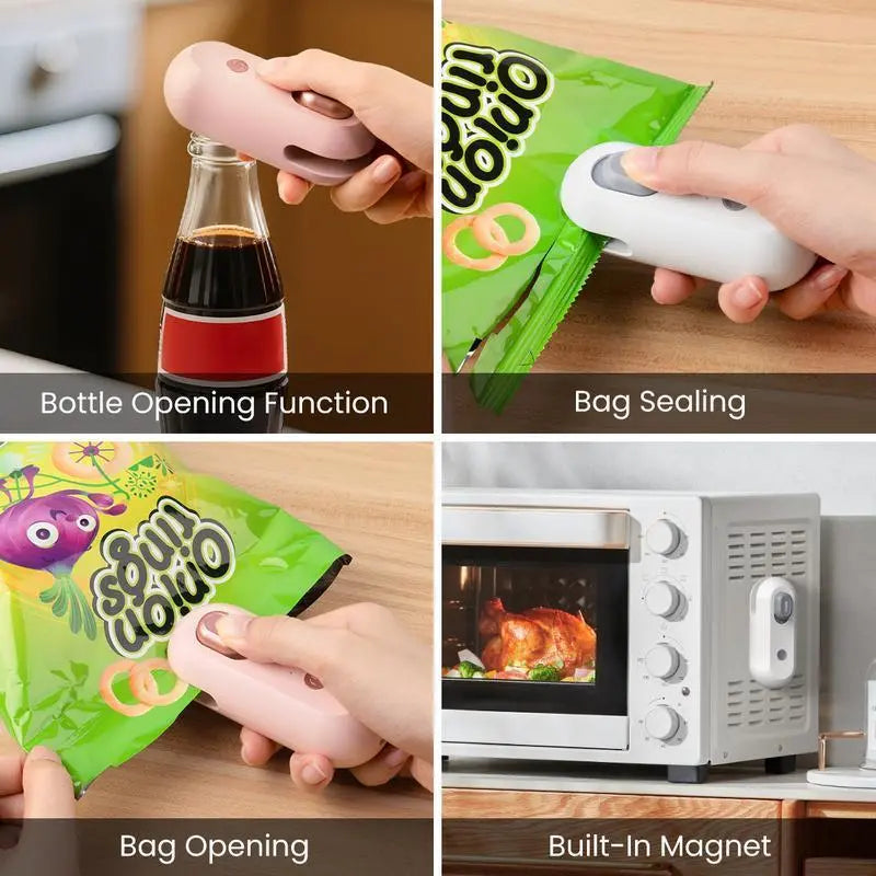 4-In-1 Mini Heat Sealer, USB Rechargeable Kitchen Supplies with Built-In Cutter, Magnetic Design, Portable Snack Bag Sealer & Beer Bottle Opener for Home Food Storage